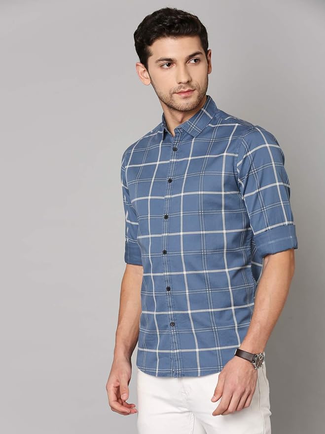 men's blue Windowpane shirt